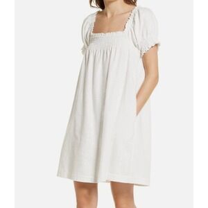 Faherty Ramona Dress Egret White‎ NWT Organic Cot Smocked Puff Sleeve S Cottage